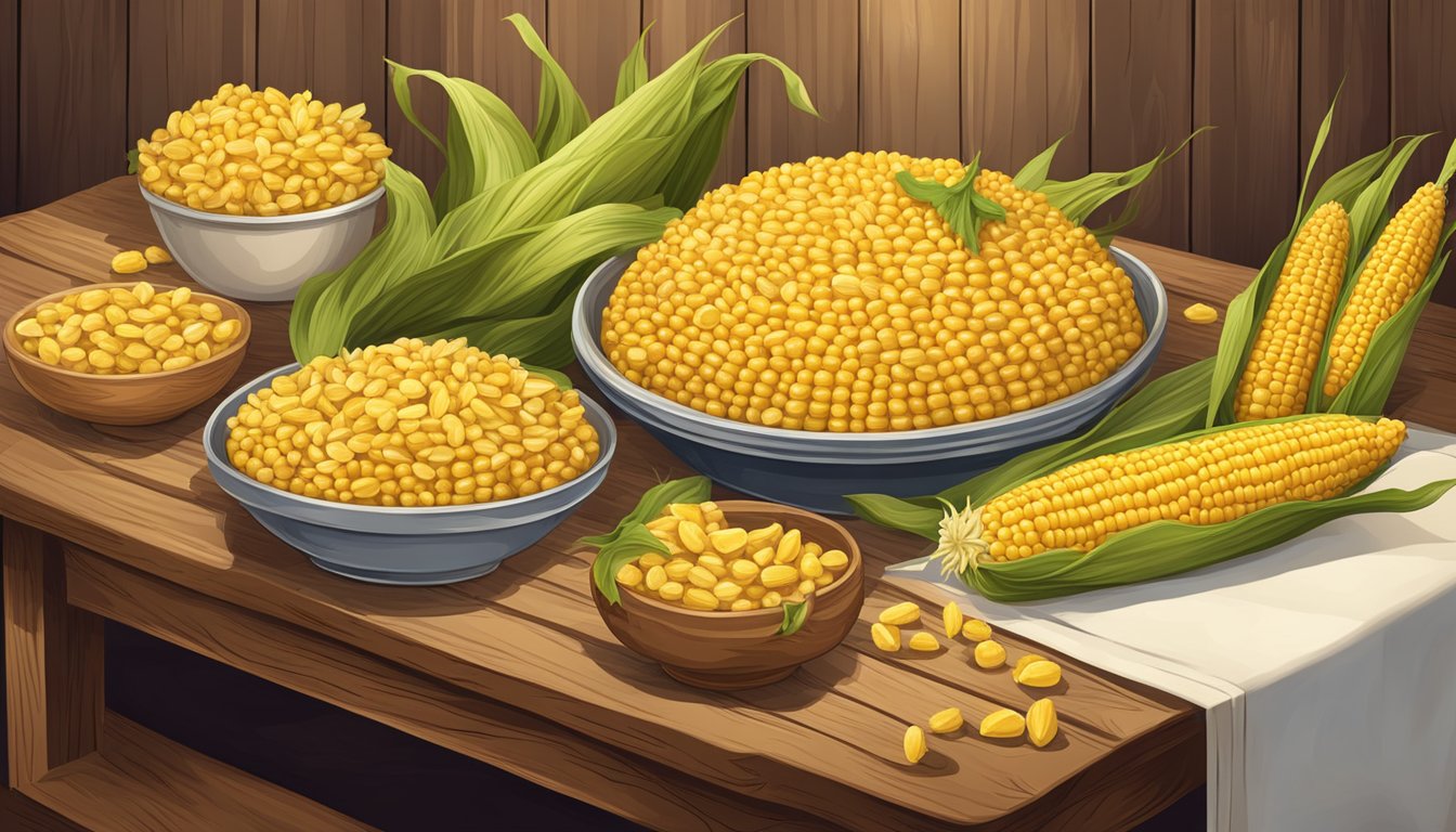 A rustic wooden table adorned with a bountiful display of golden sweet corn, arranged in a variety of creative and visually appealing presentations