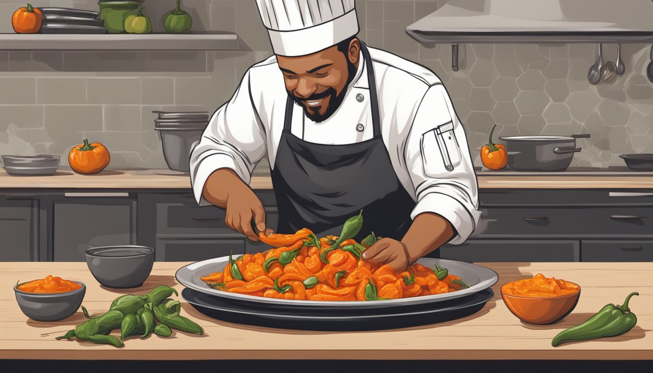 A chef in Texas joyfully prepares a dish using the habanada pepper, showcasing its rich flavor without the intense heat of a traditional habanero