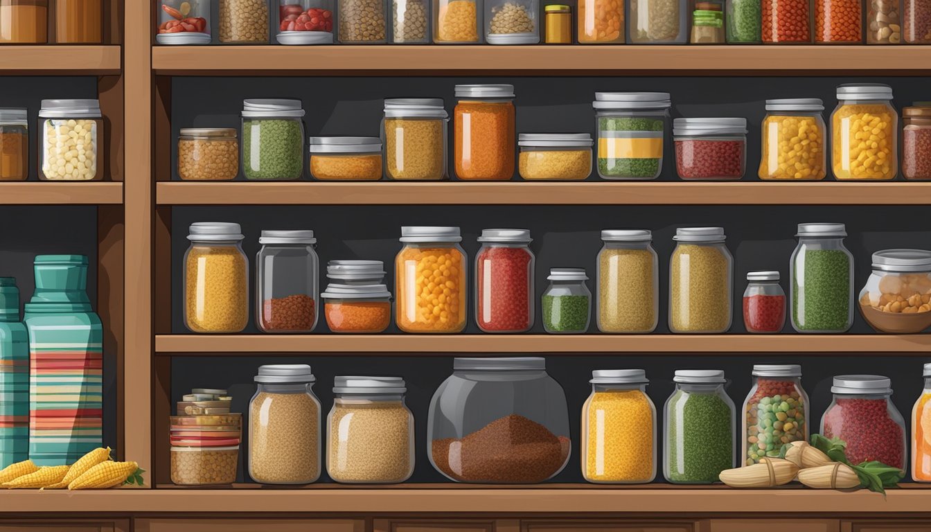 A well-stocked Mexican pantry in Texas, filled with dried chiles, cans of beans, corn tortillas, and various spices