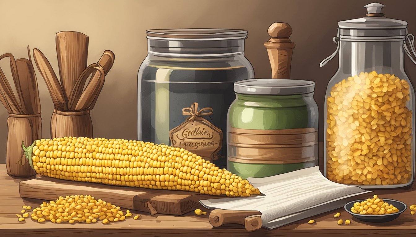 A rustic kitchen with a wooden cutting board, a knife, and a pile of golden sweet corn. A jar of spices and a recipe book sit nearby