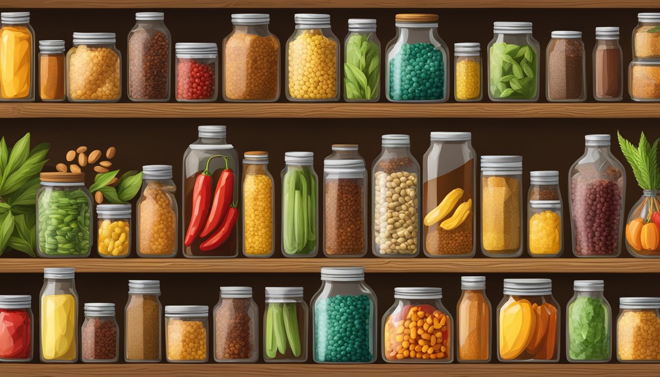 A rustic wooden pantry shelves filled with colorful jars, bags, and cans of Mexican specialty ingredients like chiles, spices, beans, and corn