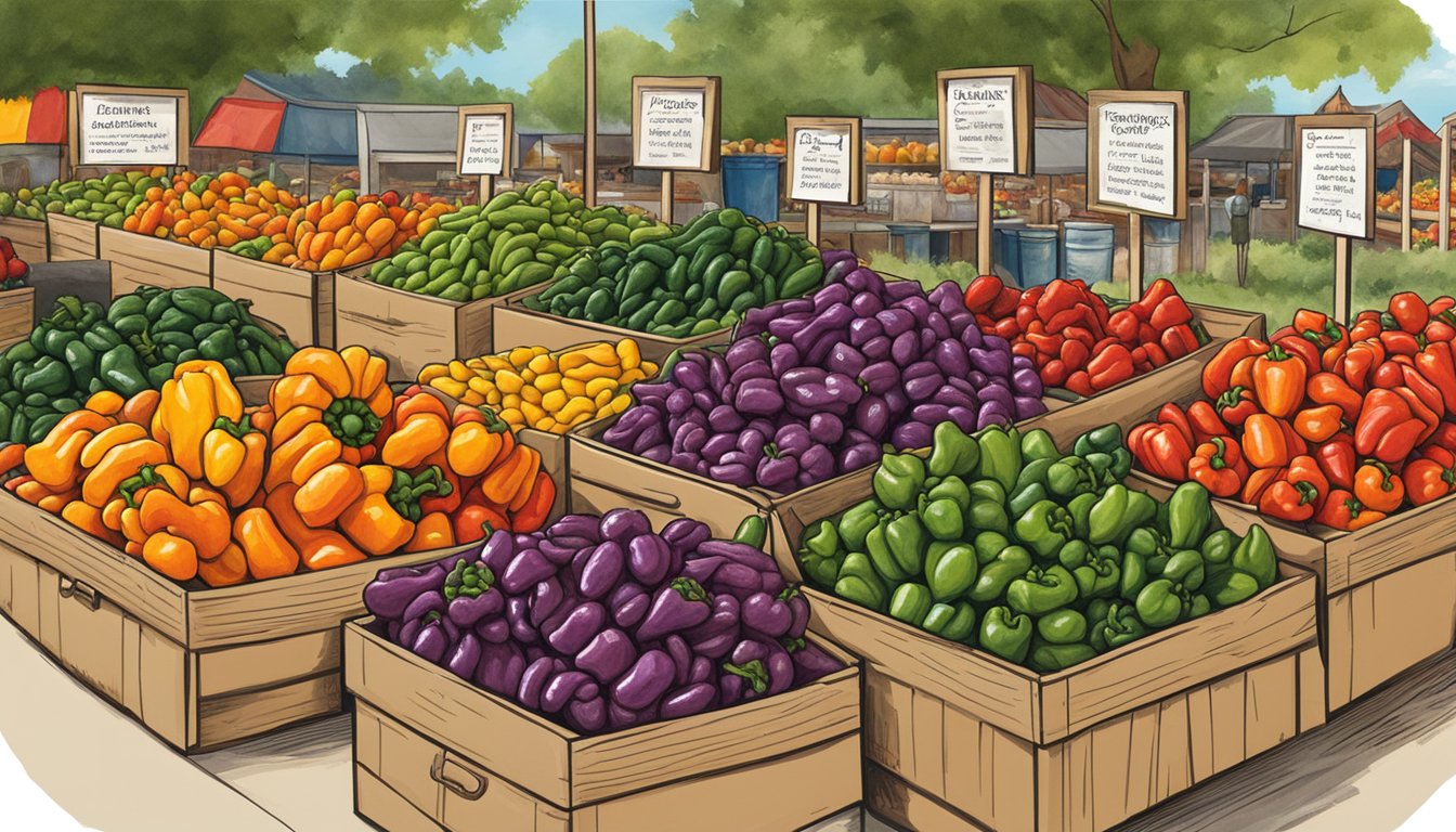 A colorful array of peppers, including the habanada, are displayed at a Texas farmers market, showcasing their variety and related flavors