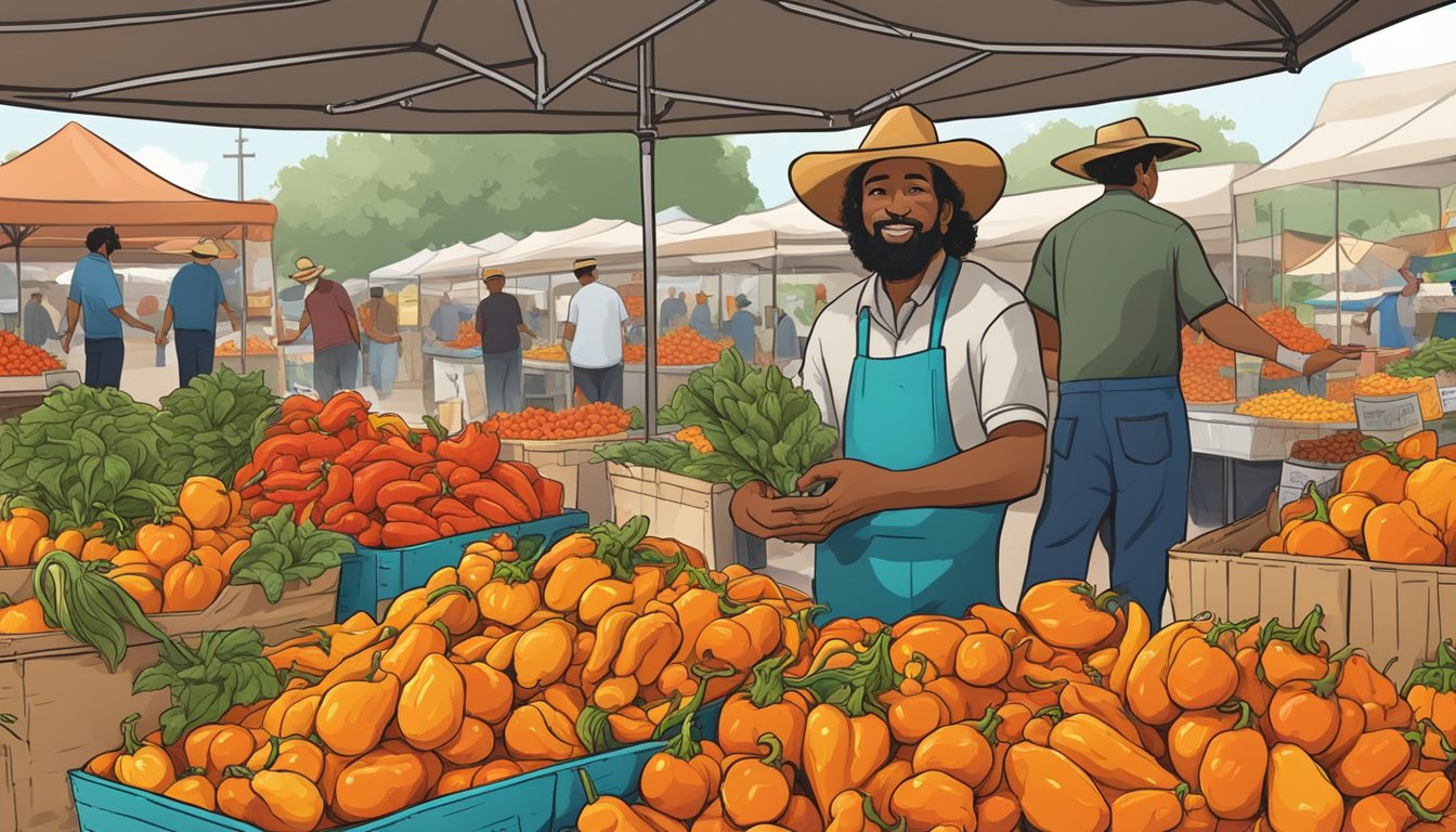 A bustling Texas farmers market with a vendor proudly displaying a pile of habanadas, attracting curious customers with their vibrant color and promise of habanero flavor without the heat