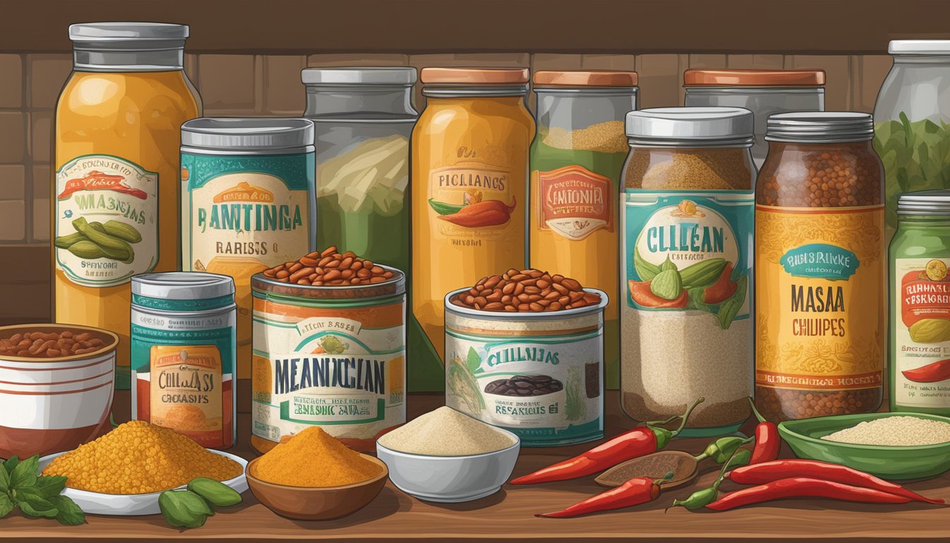 A kitchen counter in Texas displays a variety of Mexican pantry staples, including dried chilies, canned beans, masa harina, and spices