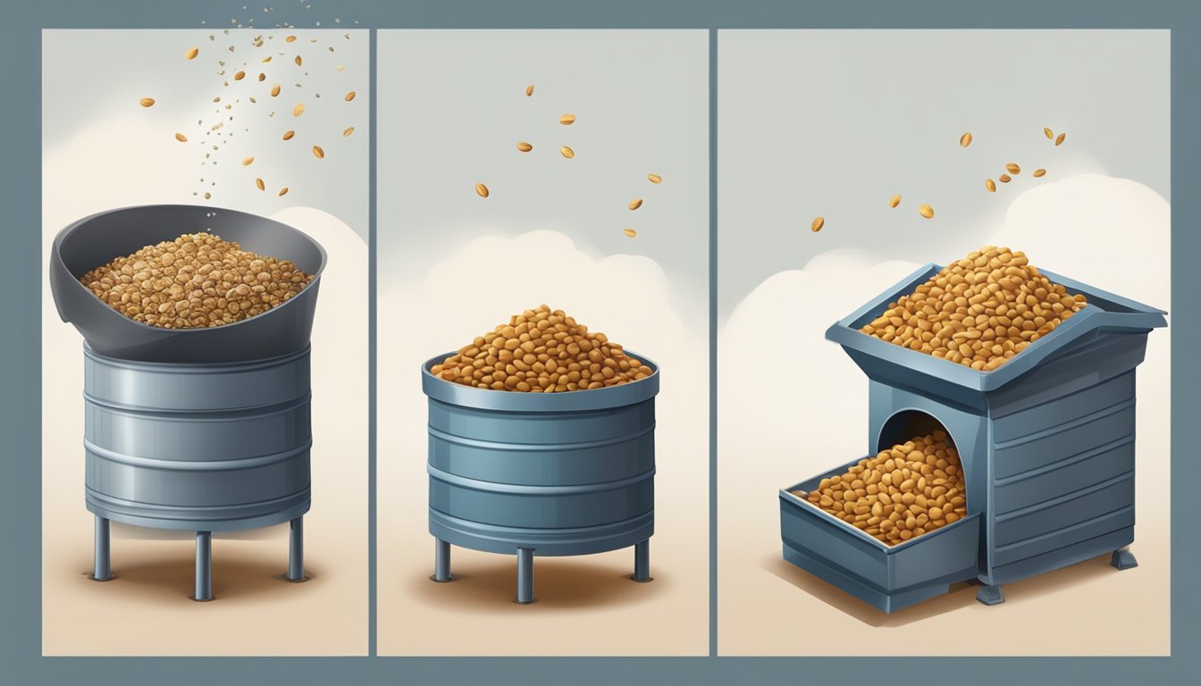 Seeds and nuts being crushed by a heavy press, releasing oil into a collection container