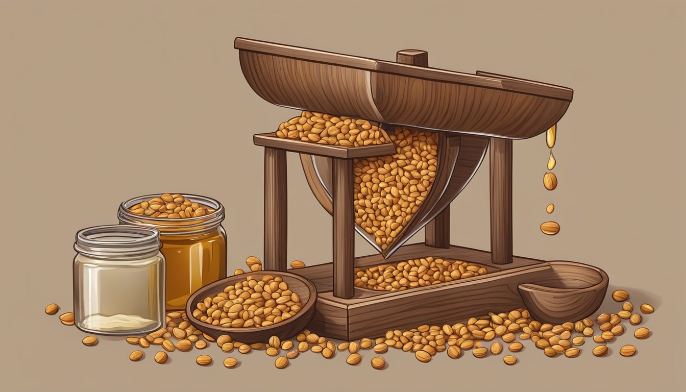 A wooden press squeezing seeds and nuts, with oil dripping into a collection container