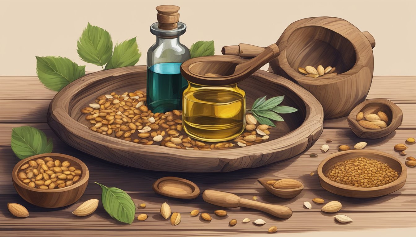 A rustic wooden table with various seeds and nuts scattered around, a mortar and pestle, and a small glass bottle filled with homemade oil