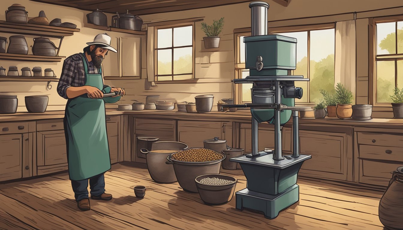 A person using a manual oil press to extract oil from seeds and nuts in a rustic Texas kitchen