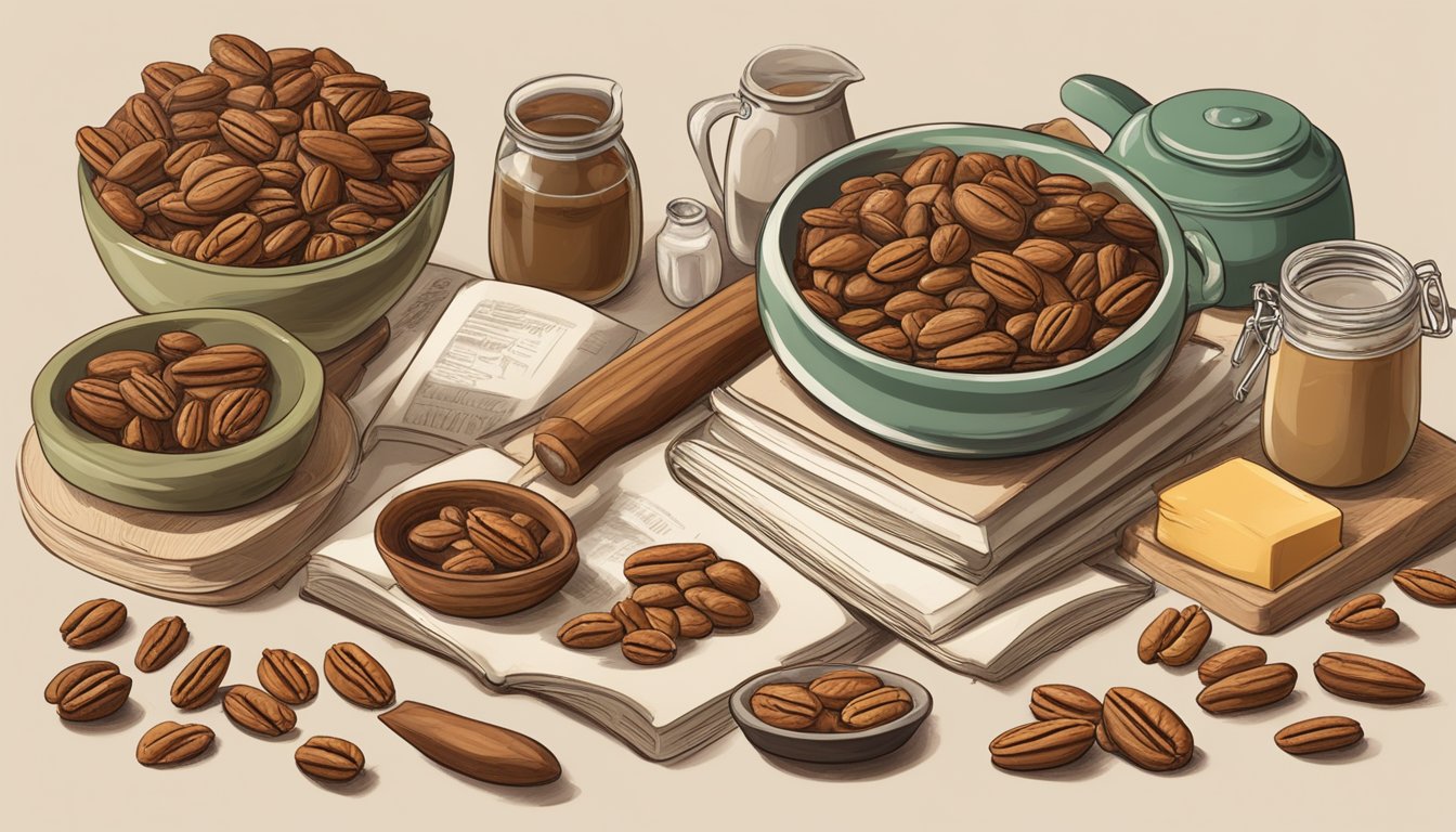 A pile of pecans surrounded by various culinary tools and ingredients, with a guidebook on pronunciation open to the page on "pecan."