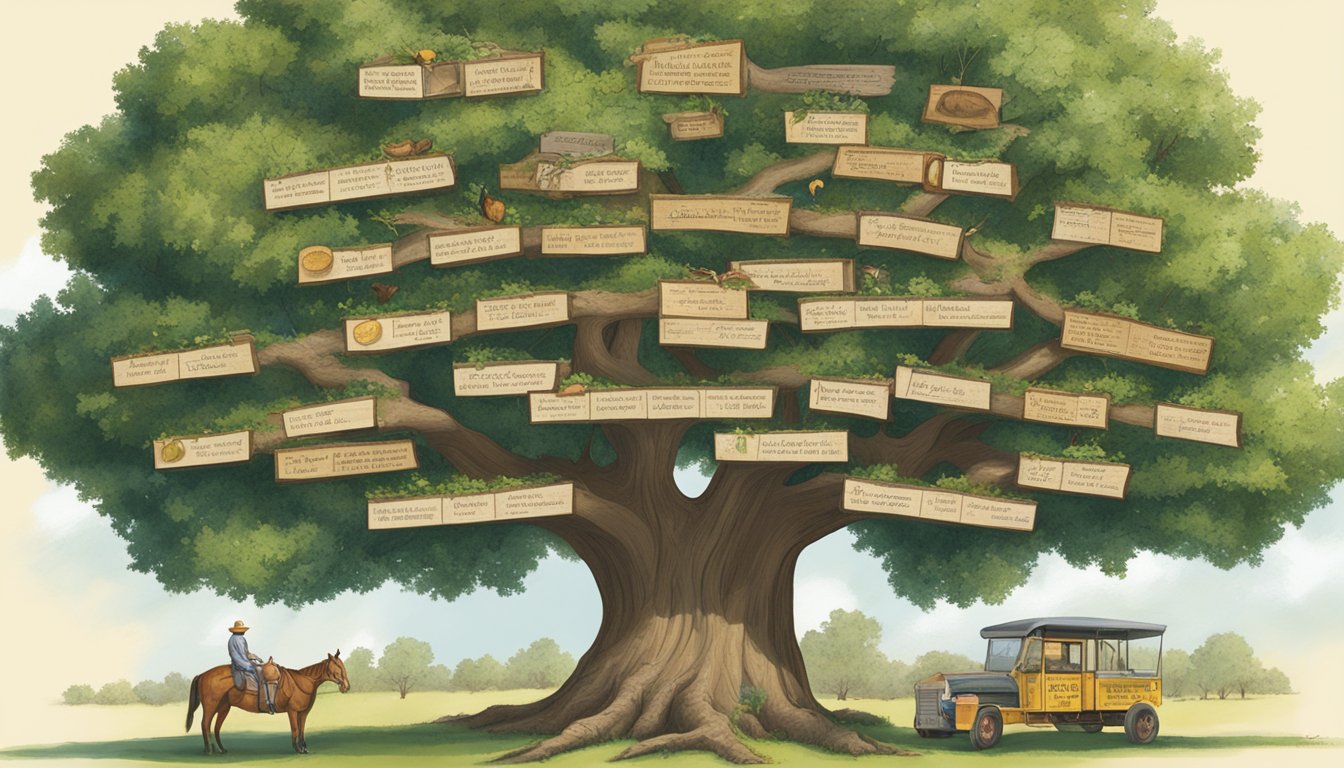 A pecan tree surrounded by Texan symbols, with a pronunciation guide displayed prominently