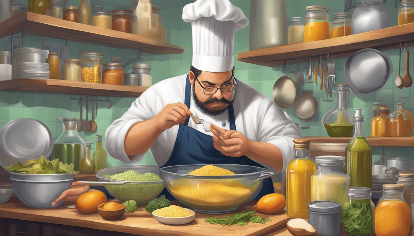 A chef in a Texas kitchen, surrounded by various cooking fats and oils, carefully measuring and mixing them for different culinary applications