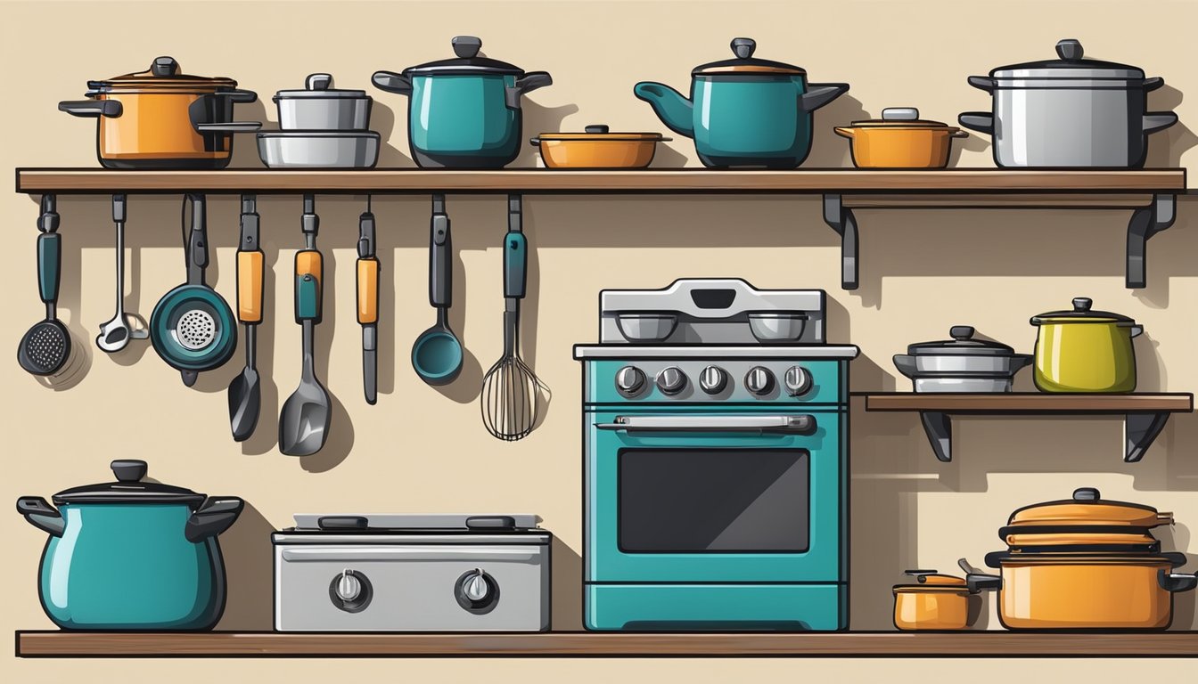 A variety of cooking equipment and utensils arranged around a kitchen with a stove, oven, grill, and other appliances