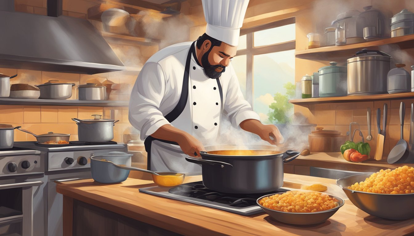 A chef uses various cooking fats at different temperatures in a Texas kitchen, creating a smoky atmosphere