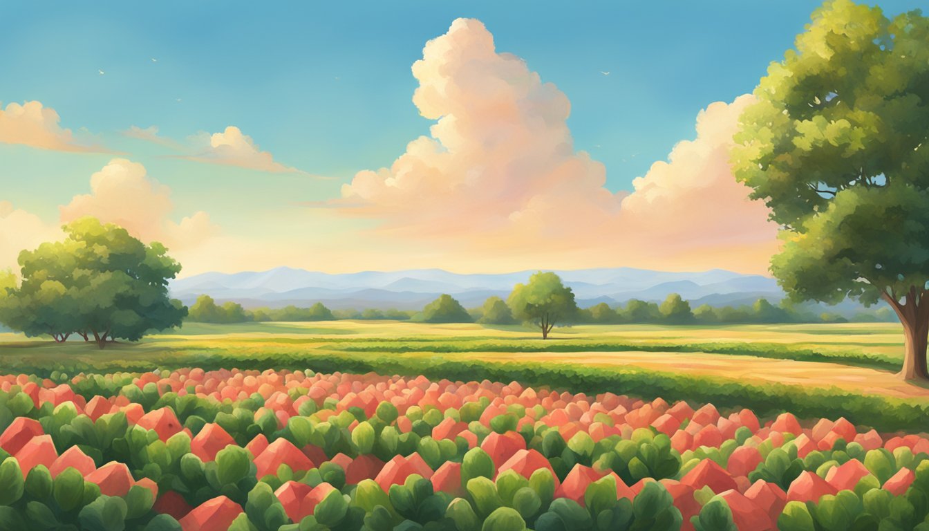 A bright, sunny Texas landscape with a watermelon patch and a clear blue sky, showcasing the warm climate just in time for summer