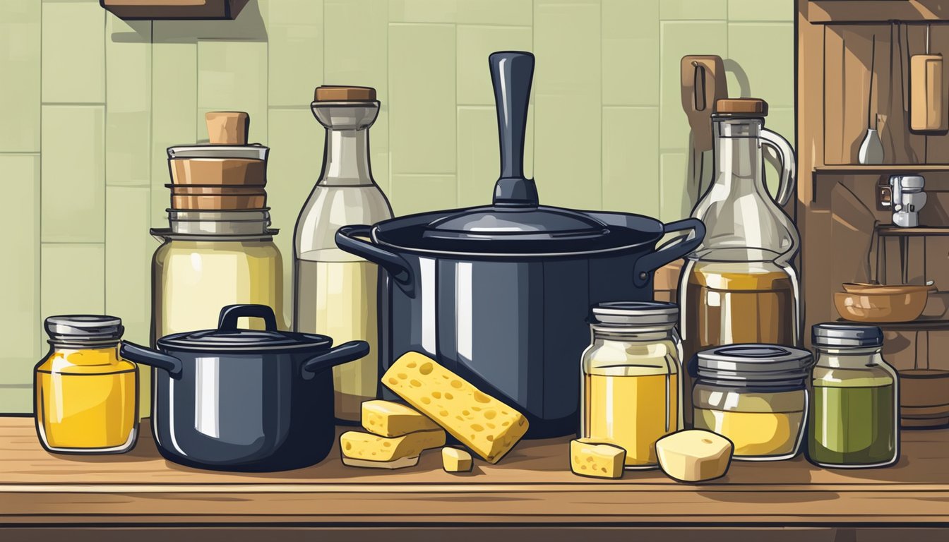 A Texas kitchen with various cooking fats stored on a shelf, including oils, butter, and lard. A skillet and pot sit nearby, ready for use