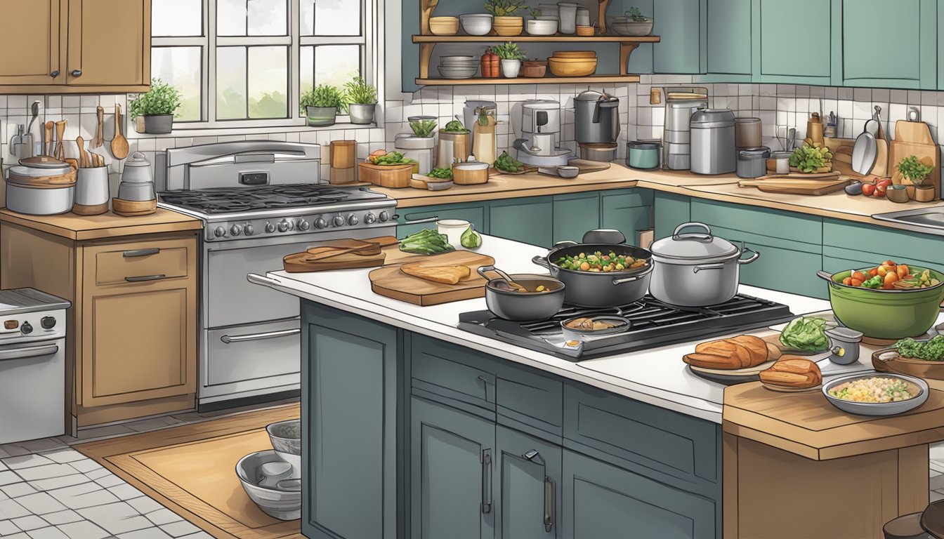 A bustling kitchen with various cooking methods in action, including grilling, baking, frying, and boiling. An array of ingredients and utensils are spread across the countertops