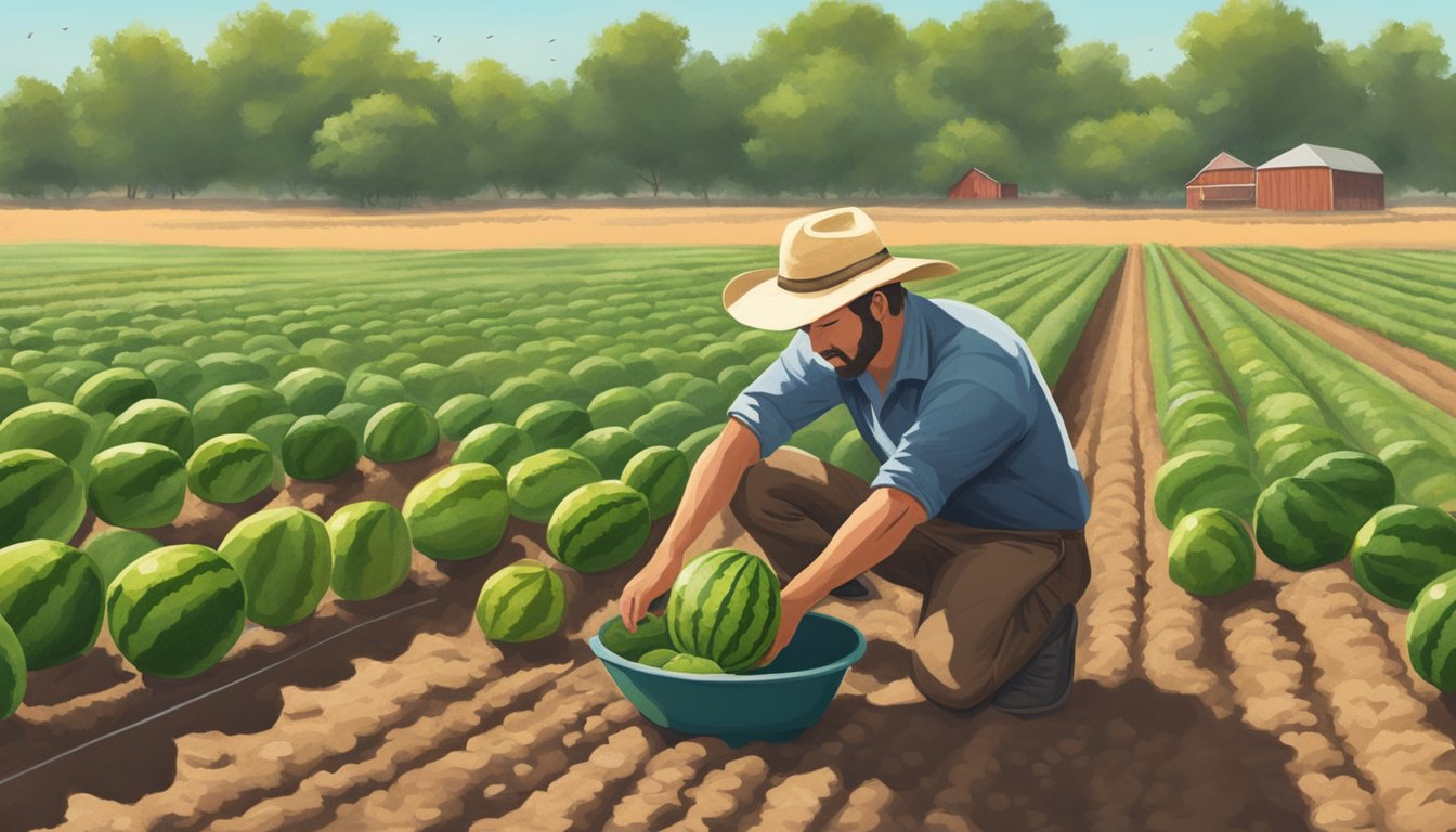 A farmer expertly plants watermelon seeds in the warm Texas soil, preparing for a bountiful summer harvest