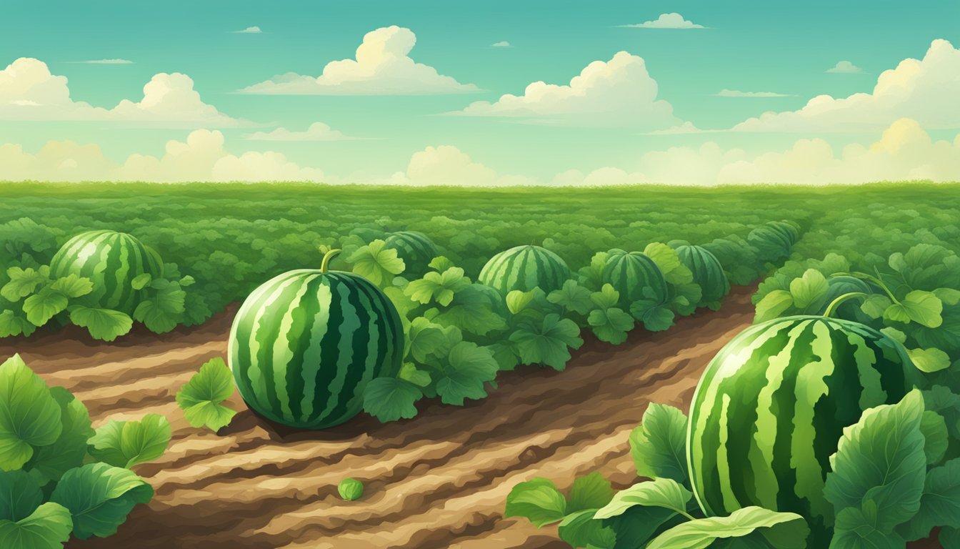 Lush green watermelon vines sprawl across the Texas soil under the hot summer sun, with ripe, juicy watermelons peeking out among the leaves