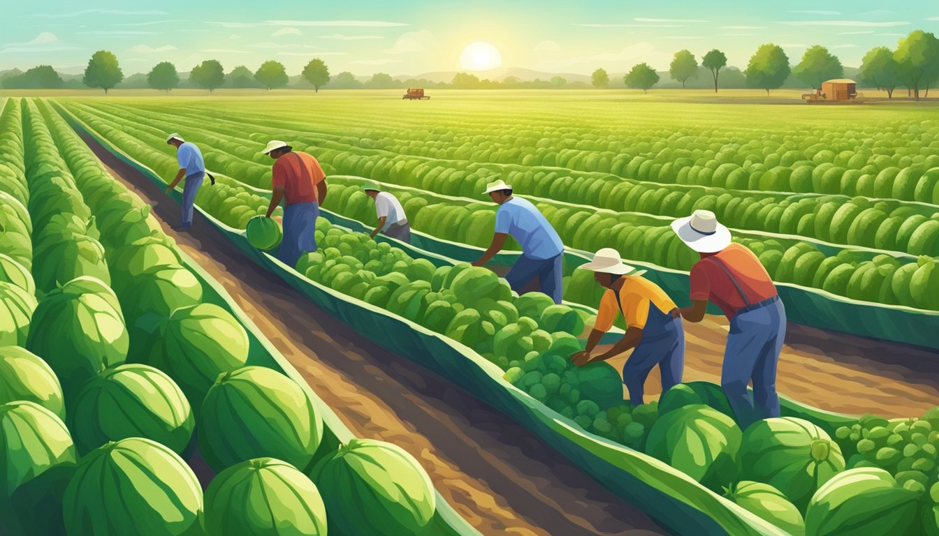 Lush green watermelon fields under the Texas sun, with workers harvesting and packing the ripe fruit for the summer season