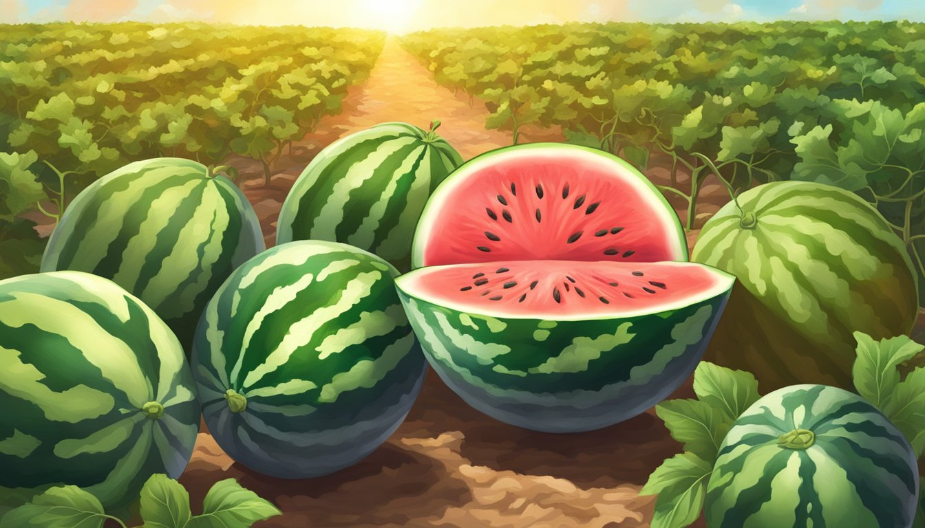 A vibrant Texas watermelon patch under the warm summer sun, with various types of watermelons growing on the vine