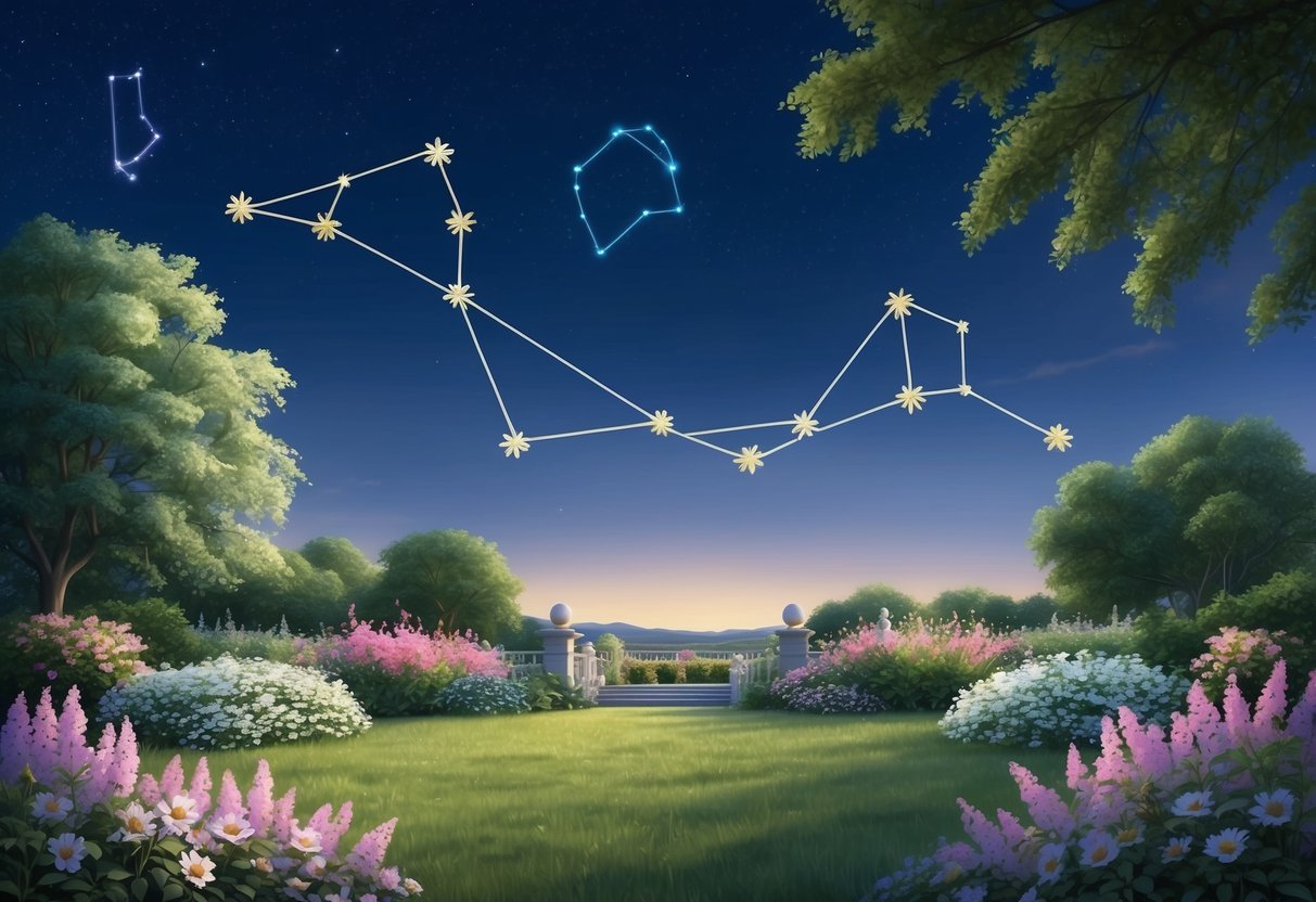 A serene garden with blooming flowers under a clear night sky, Taurus and Virgo constellations shining brightly overhead