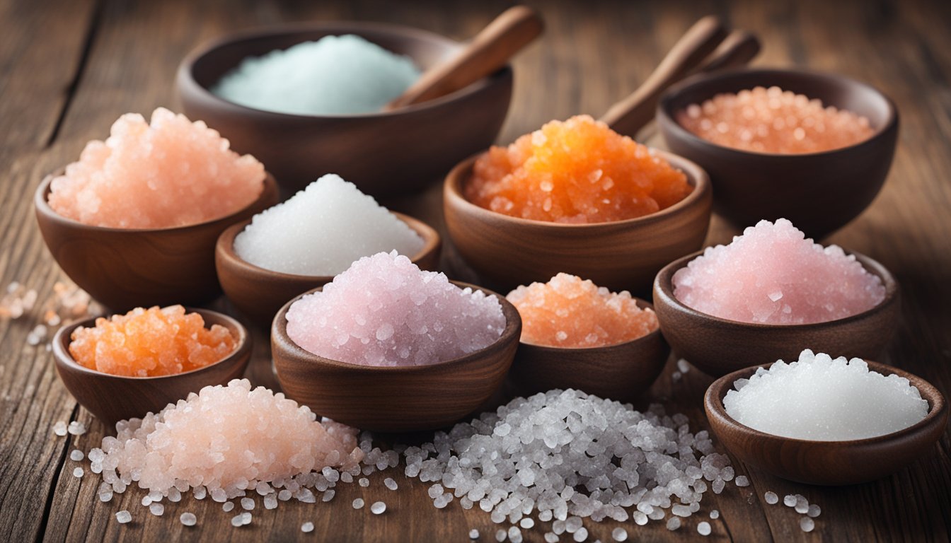 A variety of salt crystals scatter across a rustic wooden table, including coarse sea salt, pink Himalayan salt, and flavored salts in small bowls