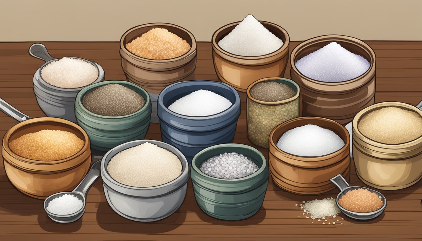 A table displays various types of salt: kosher, sea, Himalayan, and flavored salts in a Texas kitchen