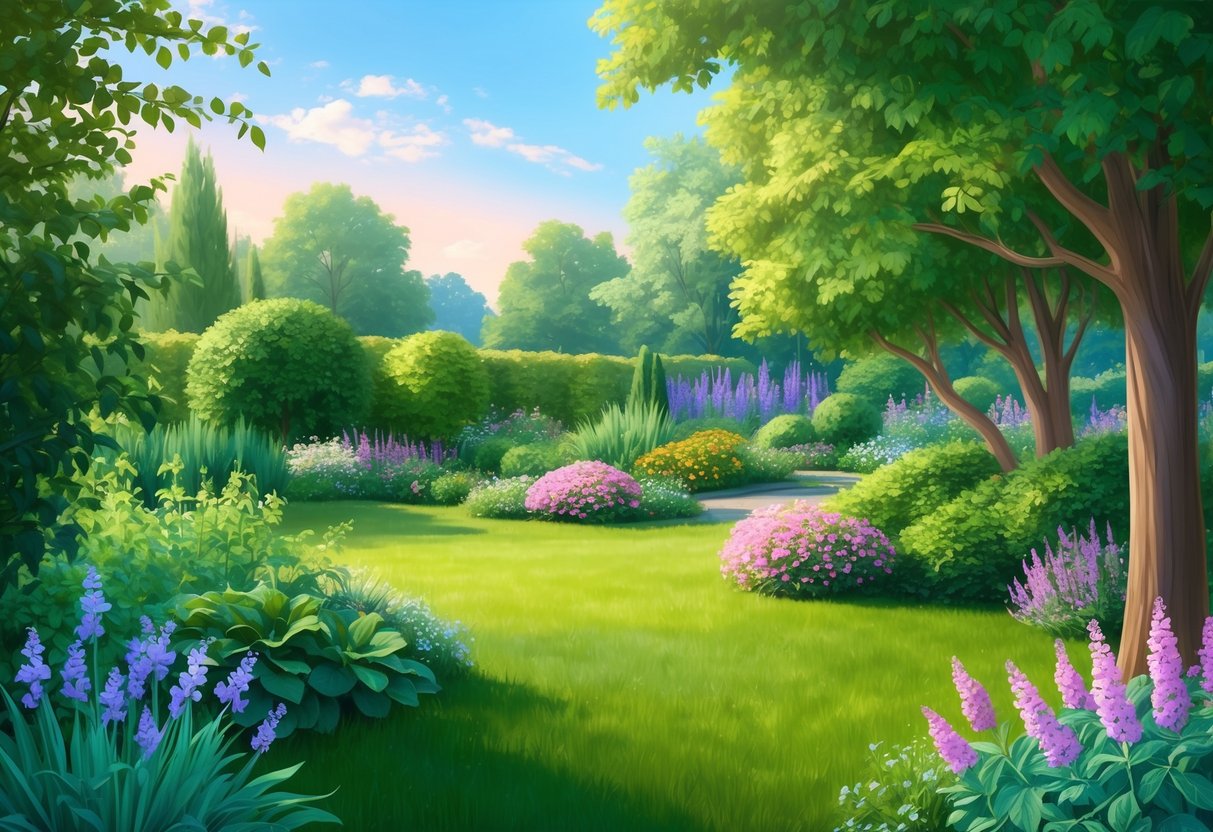 A serene garden with lush greenery and blooming flowers, showcasing the strong connection to nature and love for beauty shared by Taurus and Virgo