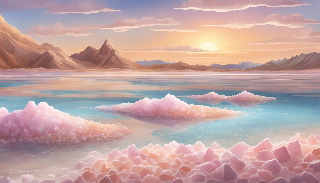 A landscape with various salt formations in Texas, including rock salt, sea salt, and pink salt, with a focus on their different textures and colors