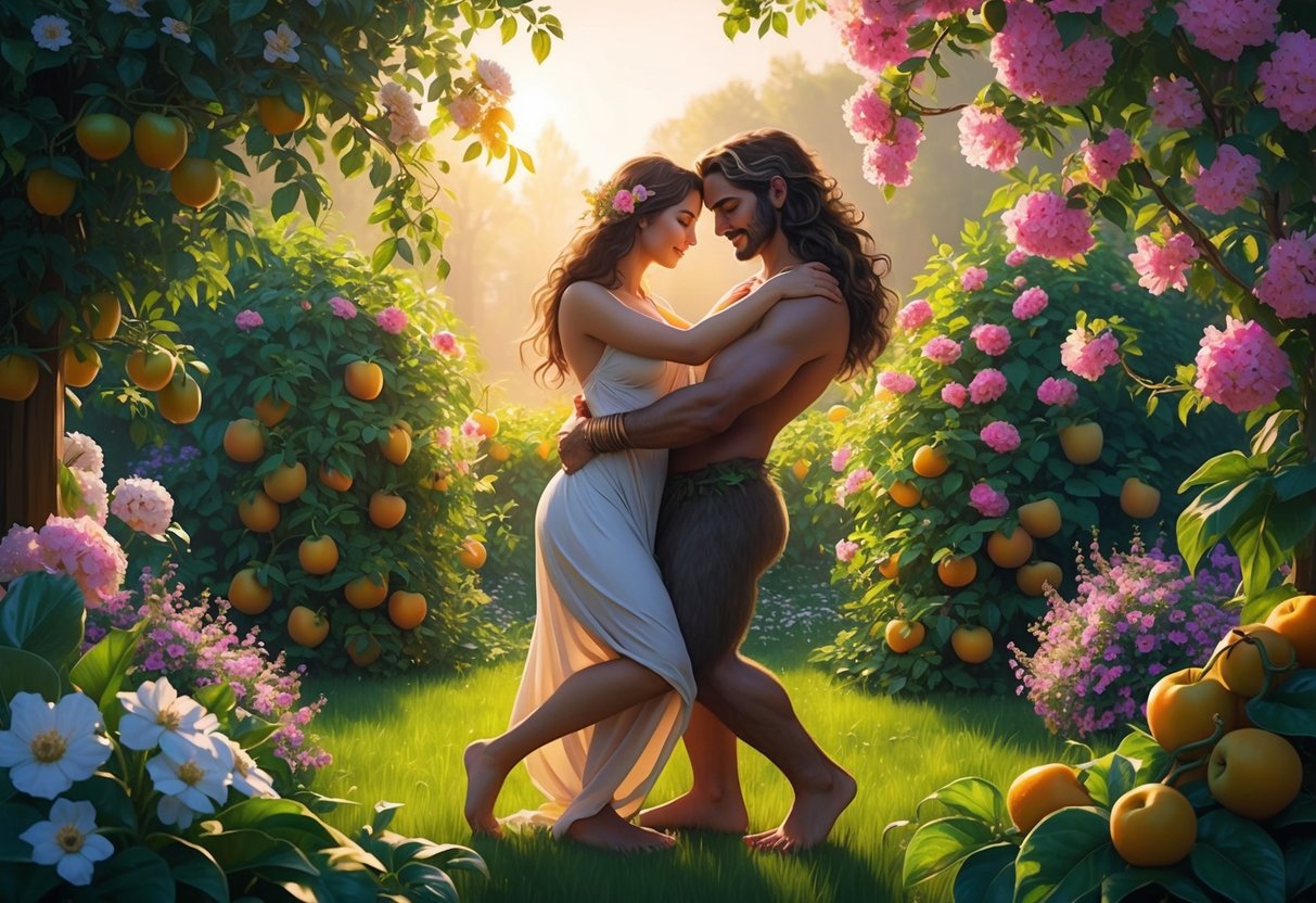 A lush garden with blooming flowers and ripe fruits, bathed in warm sunlight, with two earthy, sensual creatures entwined in a tender embrace