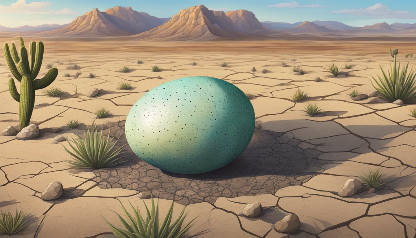 A large, speckled egg sits in the center of a barren Texas landscape, surrounded by dry, cracked earth and a lone cactus