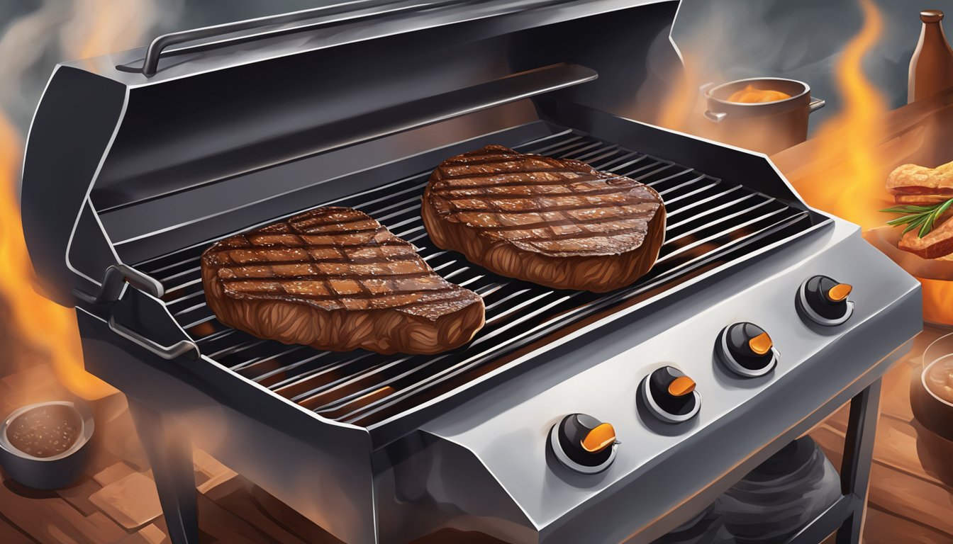 A sizzling steak on a hot grill, surrounded by the smoky aroma of Texas barbecue