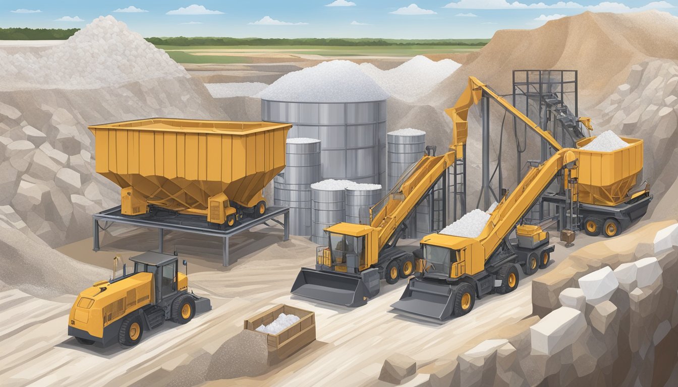 A salt mine in Texas, with large machinery extracting rock salt, and workers packaging and transporting the salt for industrial and non-culinary uses