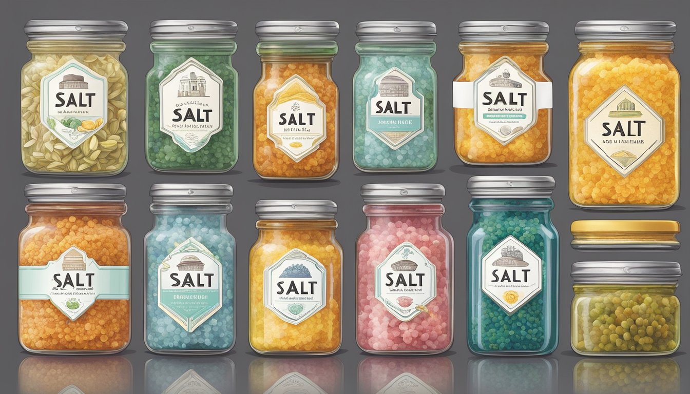 Various types of salt, including sea salt and flavored salts, are displayed in colorful jars and containers. Artisanal packaging and cultural motifs are incorporated into the design