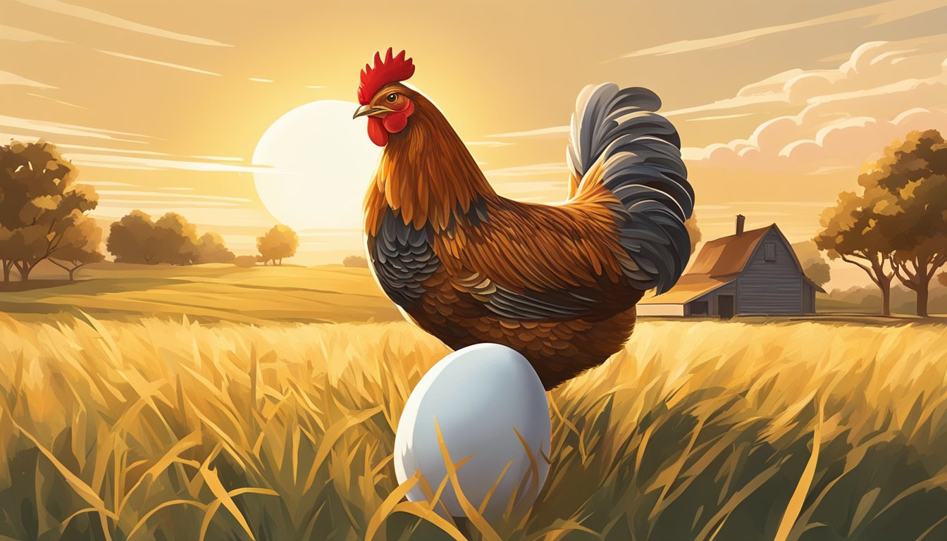 A hen lays an egg in a rural Texas setting, surrounded by open fields and a warm, sunny sky