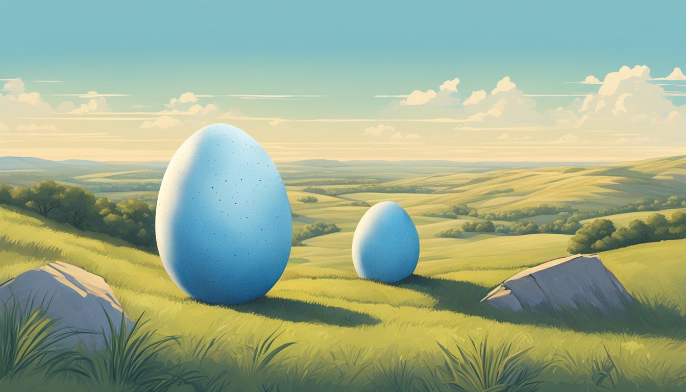 A large, speckled egg rests in the center of a Texas landscape, surrounded by rolling hills and a clear blue sky