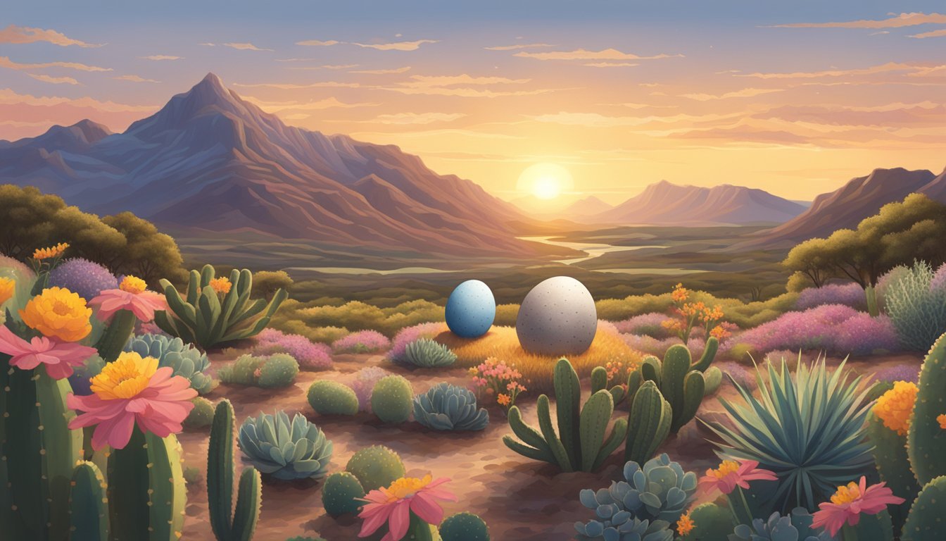 A large, speckled egg sits in the center of a Texas landscape, surrounded by wildflowers and cacti. The sun sets behind a distant mountain range