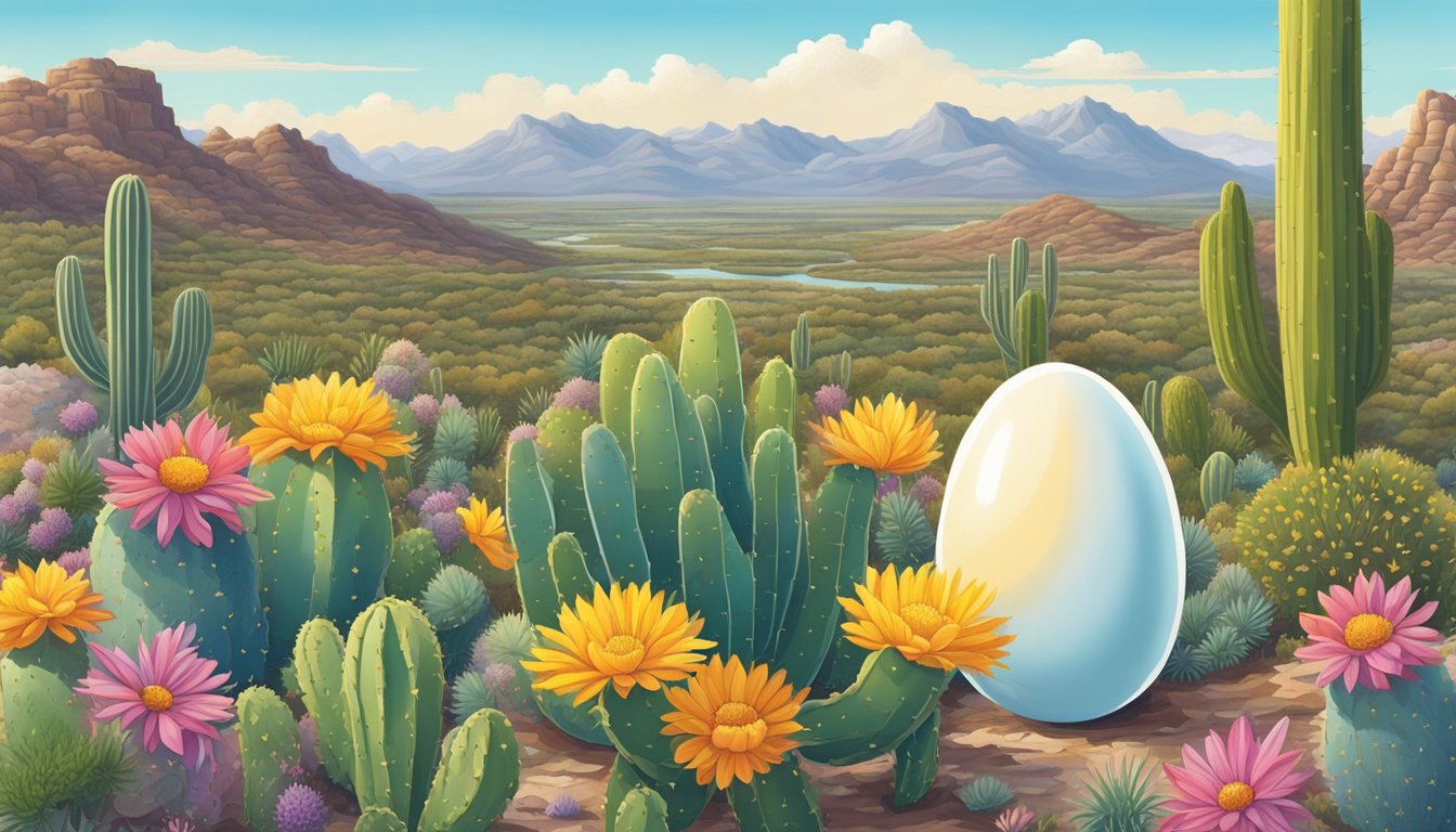 A lone egg sits atop a vibrant Texas ecosystem, surrounded by cacti, wildflowers, and a clear blue sky