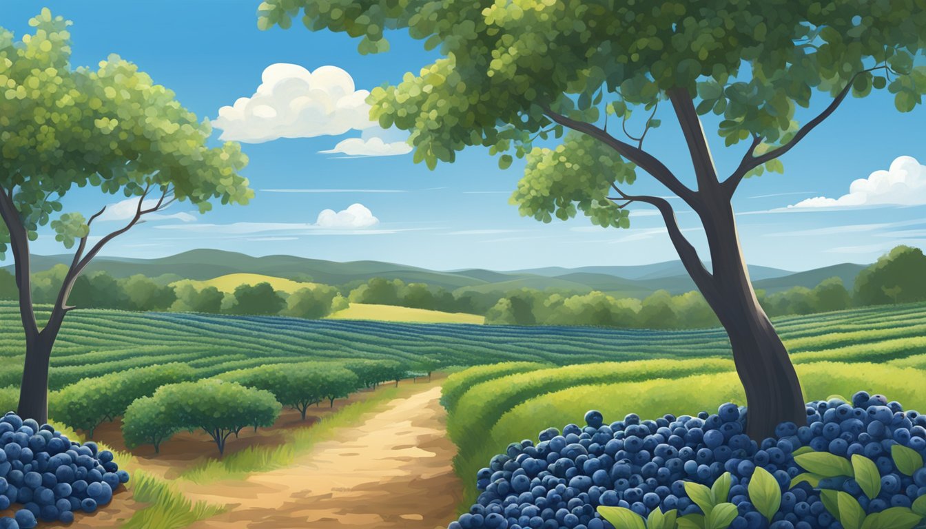 A lush Texas blueberry farm with ripe, plump berries hanging from the bushes, surrounded by rolling hills and a clear blue sky