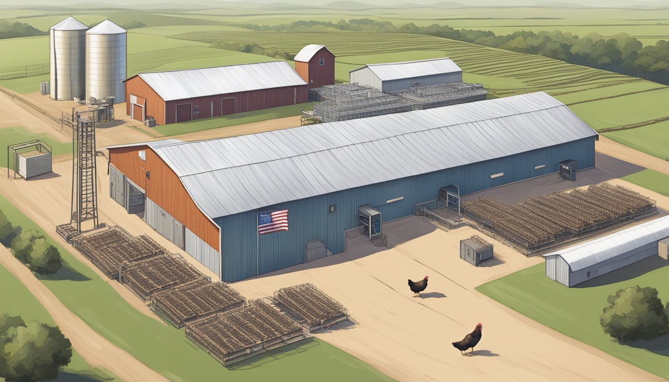 A large, bustling chicken farm in Texas with rows of coops and a central processing facility. The Texas flag flies proudly above the entrance