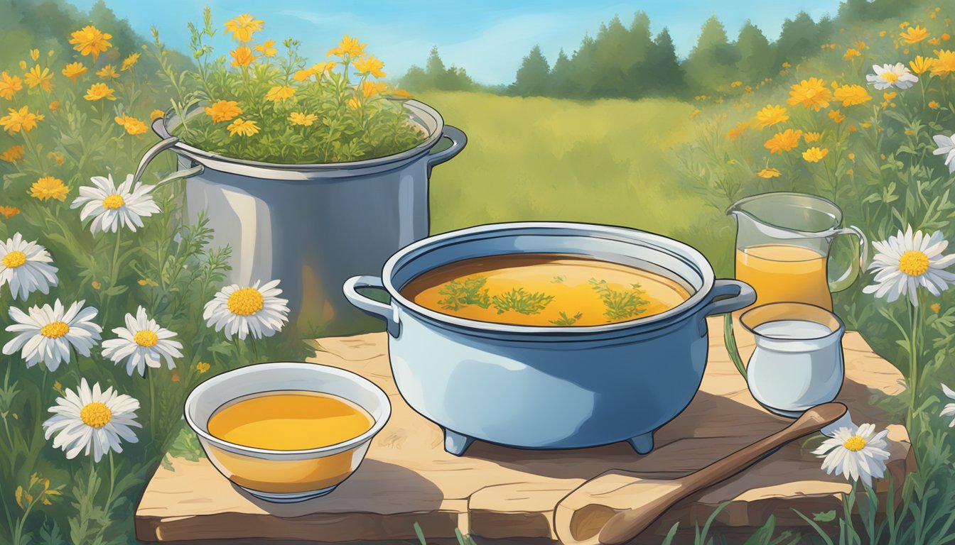 A simmering pot of bone broth surrounded by Texas wildflowers under a clear blue sky