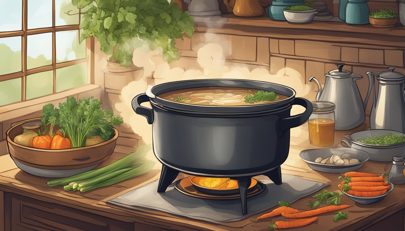 A simmering pot of bone broth on a rustic stove, surrounded by fresh vegetables and herbs, steam rising in a cozy Texas kitchen