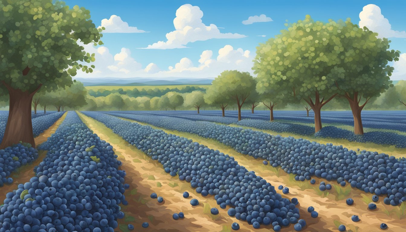 A sprawling Texas blueberry farm with ripe, plump berries ready for picking under a clear blue sky