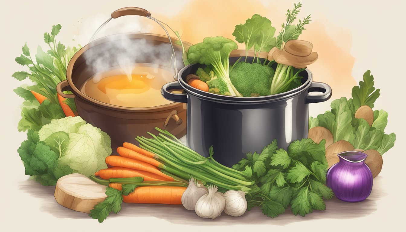 A simmering pot of bone broth surrounded by fresh vegetables and herbs, steam rising, with a radiant glow emanating from the pot