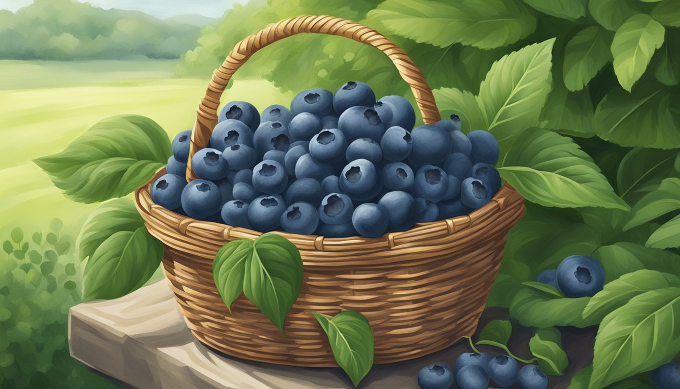 A basket of ripe blueberries surrounded by fresh green leaves, set against a backdrop of a Texas landscape in full bloom