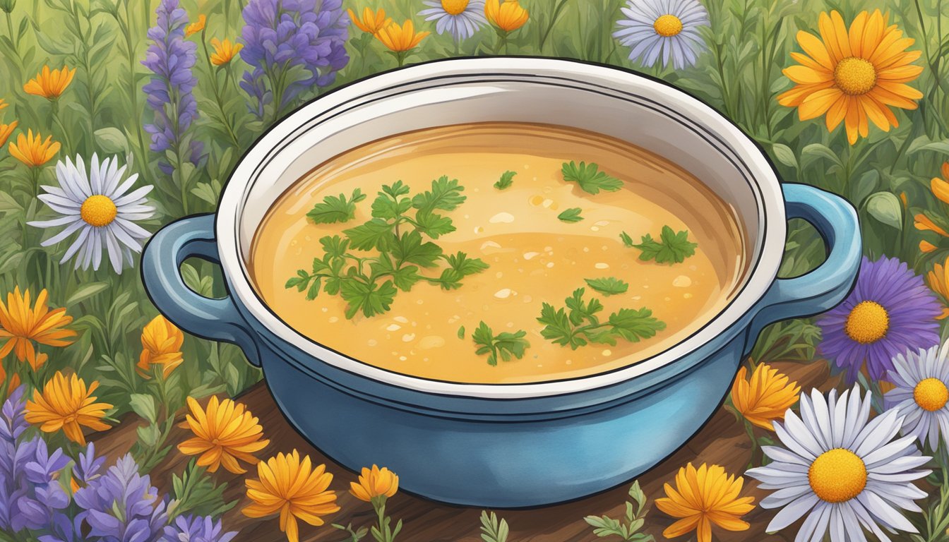 A steaming pot of bone broth surrounded by vibrant Texas wildflowers