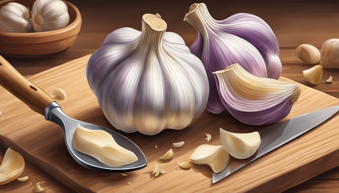 Garlic cloves being minced with a knife on a wooden cutting board in a Texas kitchen