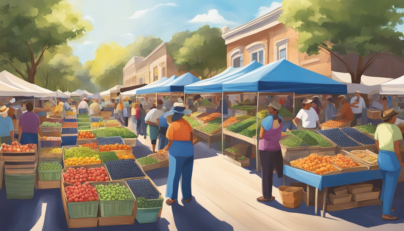 A bustling farmers market with vibrant blueberry displays under a Texas sun