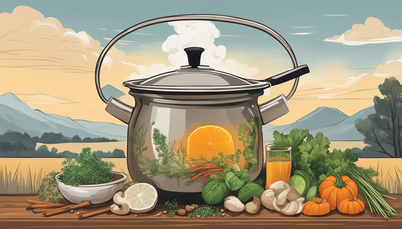 A steaming pot of bone broth surrounded by various herbs, vegetables, and spices, with a Texas landscape in the background