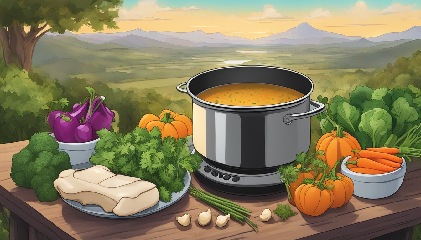 A simmering pot of bone broth surrounded by fresh vegetables and herbs, with a Texas landscape in the background